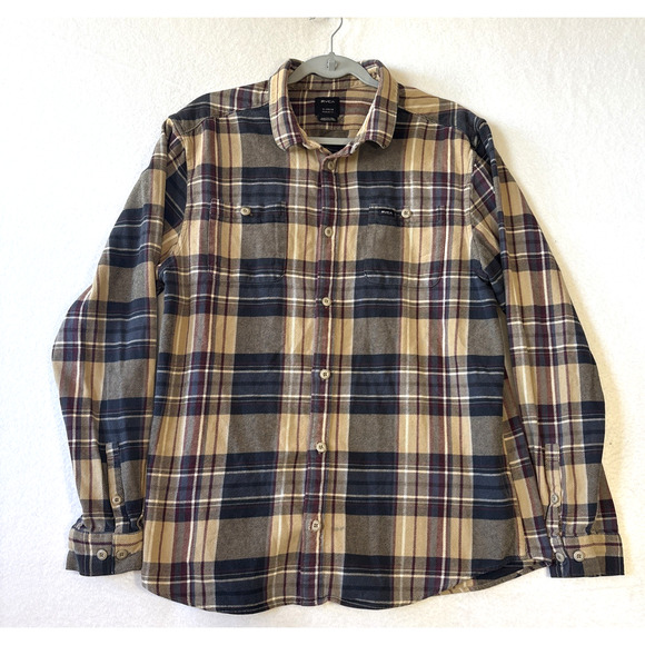 RVCA Regular Fit Mens Button Up Brown Plaid Heavy Flannel Shirt Size XL Workwear - Picture 1 of 13